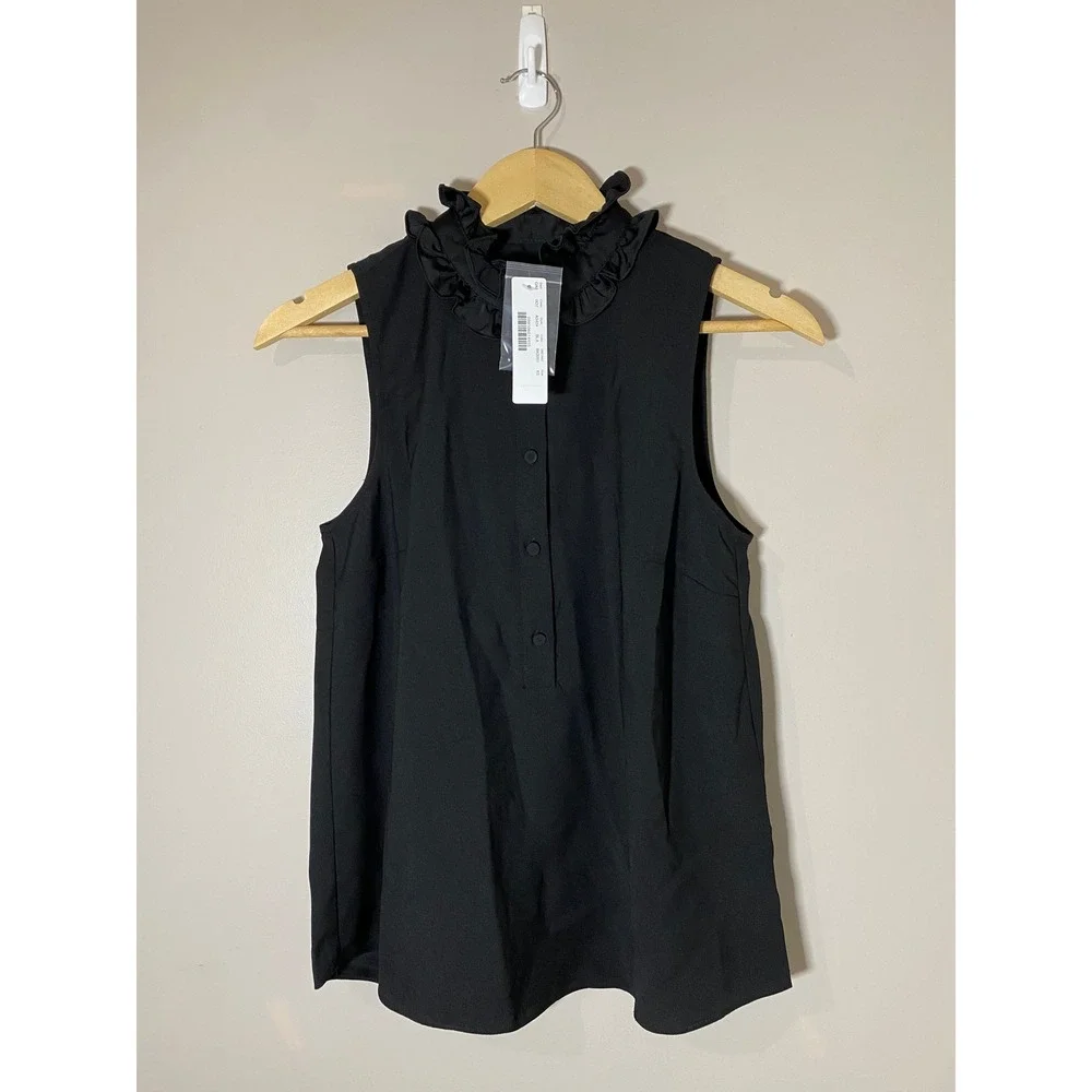 J.Crew NWTBlack Sleeveless Ruffle Collar Button Front Top XS‎